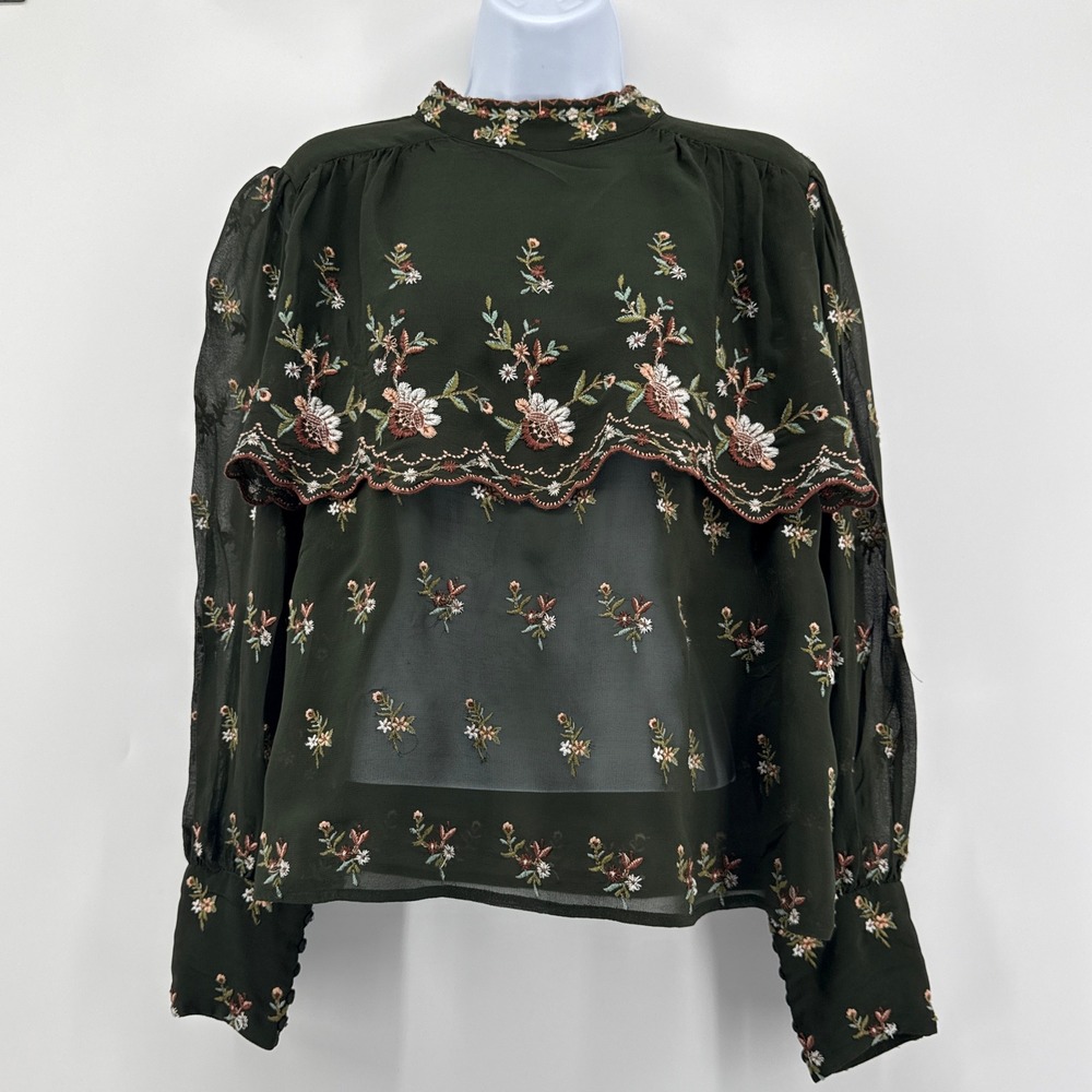 Zara Embroidered‎ Sheer Blouse Small Olive Green Floral Scalloped Mock Neck Top